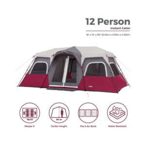 CORE Equipment Family Sized 12 Person 18 x 10 Feet Double Door Instant Cabin Tent with Room Dividers and Storage Pockets, Wine
