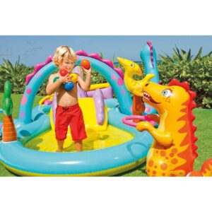 Intex 11ft x 7.5ft x 44in Dinoland Backyard Play Center Kiddie Inflatable Swimming Pool with Slide, Dino Arch Water Sprayer and Games for Ages 2+