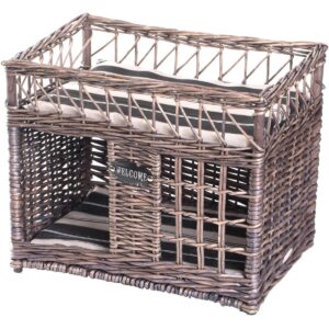 Two-level Willow Pet House with Soft Fabric Cushion For Cat or Dog, Grey