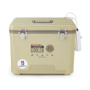 Engel 19 Quart Portable Insulated Live Bait Fishing Dry Box 32 Can Hard Airtight Cooler with Water Speed Aerator Pump and Removable Pull Net, Tan