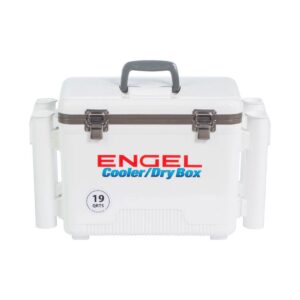 Engel 19 Quart Fishing Rod Holder Attachment Insulated Dry Box Ice Cooler with Stain/Odor-Resistant Surface and Shoulder Strap, White