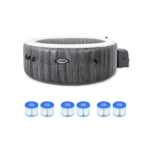 Intex PureSpa Greywood Deluxe 85in x 25in Outdoor Portable Inflatable 6 Person Round Hot Tub Bubble Jet Spa with 6 Type S1 Pool Filter Cartridges