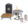 nCamp 4 Piece Outdoor Camping Cooking Stove Prep Surface Set and Carrying Case Bundle with 4 Pack 6 Oz Stainless Steel Stackable Cups Camping Set