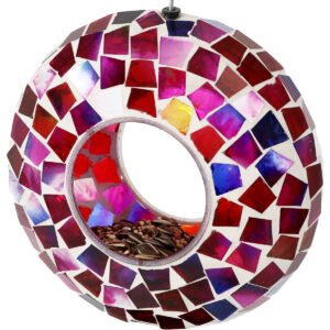Sunnydaze Outdoor Garden Patio Round Glass with Mosaic Design Hanging Fly-Through Bird Feeder - 6" - Crimson