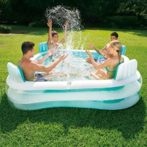Summer Waves KB0678000 Premier Family Inflatable Blow Up Above Ground Swimming Pool with 4 Built In Seats with Backrests and 2 Cup Holders, White/blue