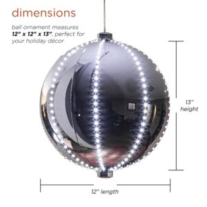 Alpine Corporation 13 in. Tall Large Hanging Christmas Ball Ornament with LED Lights, Silver
