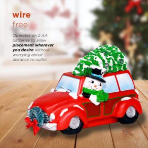 Alpine Corporation Snowman in Red Woody Car Decor with LED Lights