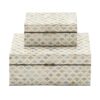 LITTON LANE Vintage White Zig-Zag Patterned MDF Multiple Decorative Boxes w/ Tan, Gray and Blue Mother of Pearl Tile Inlay(Set of 2)