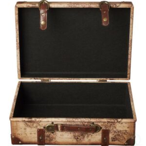 Vintiquewise 17 in. x 12 in. x 6 in. Wood and Faux Leather Old World Map Vintage Style Suitcase with Straps, Set of 2