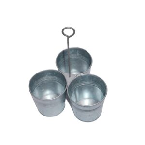 Benzara Galvanized Metal Gray Color Cutlery Holder with 3-Buckets and Ring Holder