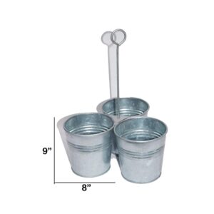 Benzara Galvanized Metal Gray Color Cutlery Holder with 3-Buckets and Ring Holder