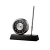 Bulova 5 in. H x 5.75 in. W Clock and Pen Desk Set with Black Wooden Base and Brushed Silver Accents
