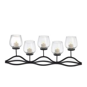 DANYA B Wavy Black Iron Multiple Candle Holder with Glass Hurricane Cups