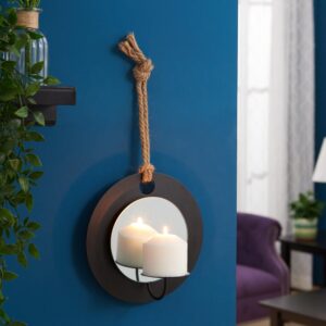 DANYA B Algarve Black Round Pillar Candle Sconce with Mirror and Rope
