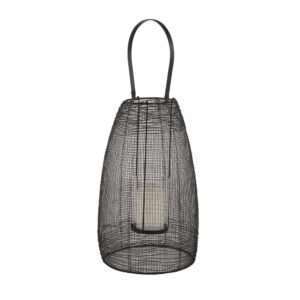 LITTON LANE Large Round Black Mesh Metal Lantern Candle Holder with Handle