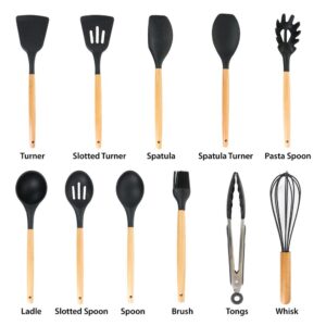 MegaChef Black Silicone and Wood Cooking Utensils (Set of 12)