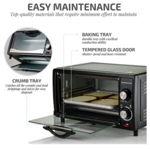 Ovente 800-Watts Electric Black Toaster Oven 3 Cooking Modes 30 Min Timer Crumb Tray, Tempered Glass Door