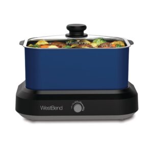 West Bend 6 qt. Blue Non-Stick Versatility Slow Cooker with 5-Temperature Settings Includes Travel Lid and Thermal Tote