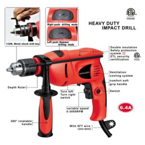 Boyel Living 6.4 Amp Corded 1/2 in. Power Drill Driver Hammer Drill with Variable Speed and Rotatable Handle