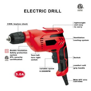 Boyel Living 5 Amp Corded 3/8 in. Red Power Drill Driver Reversible with Lock-on Button