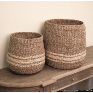Zentique Concave Hand Woven Wicker Seagrass and Palm Leaf with Light Pin Stripes Large Basket