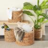 LITTON LANE Round Water Hyacinth and Metal Storage Wicker Baskets (Set of 4)
