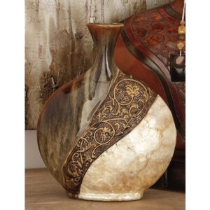 LITTON LANE 14 in. Ceramic and Capiz Urn Decorative Vase in Brown and Gold