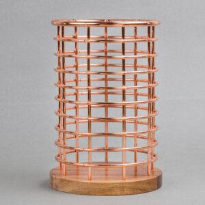 Creative Home Deluxe Acacia Copper Wood and Iron Wire Utensil Tool Holder Crock