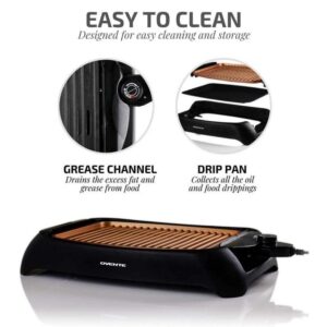 Ovente 1000-Watt Portable Electric Indoor Smokeless Grill with Non-Stick Aluminum Grilling Plate and Oil Drip Pan, Copper