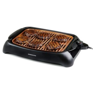 Ovente 1000-Watt Portable Electric Indoor Smokeless Grill with Non-Stick Aluminum Grilling Plate and Oil Drip Pan, Copper