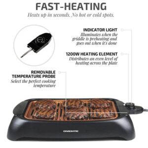 Ovente 1000-Watt Portable Electric Indoor Smokeless Grill with Non-Stick Aluminum Grilling Plate and Oil Drip Pan, Copper