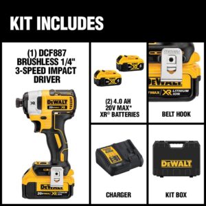 DEWALT 20-Volt MAX XR Cordless Brushless 3-Speed 1/4 in. Impact Driver with (2) 20-Volt 4.0Ah Batteries & Charger