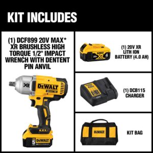 DEWALT 20-Volt MAX XR Cordless Brushless 1/2 in. High Torque Impact Wrench with Detent Pin Anvil, (1) 20-Volt 4.0Ah Battery