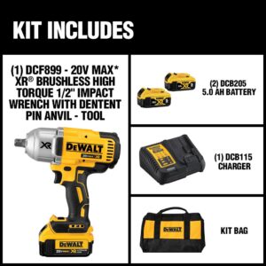 DEWALT 20-Volt MAX XR Cordless Brushless 1/2 in. High Torque Impact Wrench with Detent Pin Anvil, (2) 20-Volt 5.0Ah Batteries