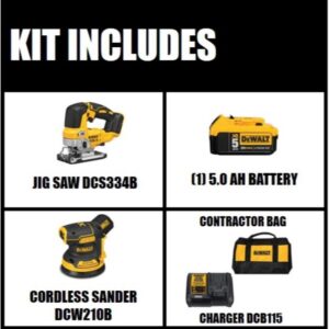 DEWALT 20-Volt MAX XR Cordless Brushless Jigsaw with 5 in. Random Orbital Sander, (1) 20-Volt 5.0Ah Battery & Charger