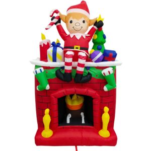 Fraser Hill Farm 6.5 ft. Pre-Lit Elf Sitting on a Fireplace Christmas Inflatable