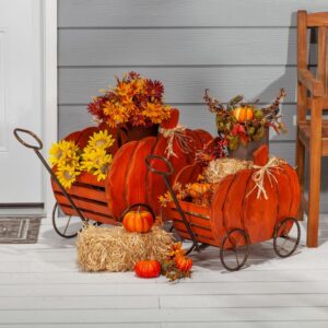 Gerson Assorted 21.85 in. Nesting Wood Pumpkin Wagons (Set of 2)