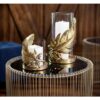 LITTON LANE Large Metallic Gold Feather Candle Holder with Hurricane Glass