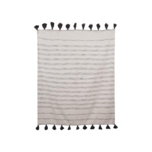 3R Studios Cream with Grey Stripes and Tassels Cotton Woven Throw Blanket