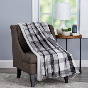Lavish Home Oversized Faux Fur Phantom Grey Plaid Flannel Hypoallergenic Throw Blanket