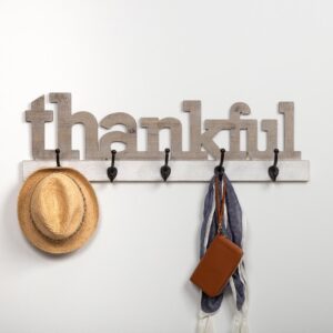 Pinnacle Rustic Thankful Gray Wood Decorative Sign with Hooks