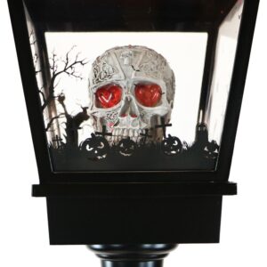 Haunted Hill Farm 71 in. Black Gruesome Skull Lamp Post with Animation and Spooky Music