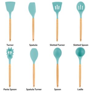 MegaChef Light Teal Silicone and Wood Cooking Utensils (Set of 9)