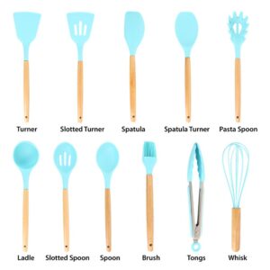 MegaChef Light Teal Silicone and Wood Cooking Utensils (Set of 12)