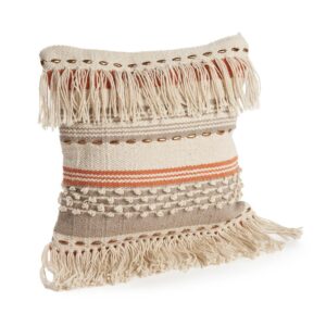 LR Resources Chic Fringe Beige Striped Hypoallergenic Polyester 18 in. x 18 in. Throw Pillow