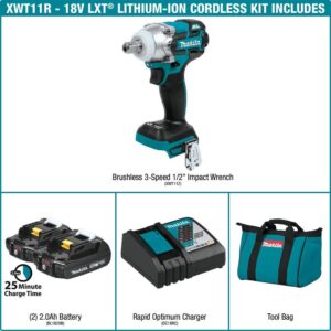 Makita 18-Volt LXT Lithium-Ion Compact Brushless Cordless 1/2 in. 3-Speed Impact Wrench Kit, 2.0Ah