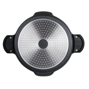 MasterPan Innovative Series 5 qt. Cast Aluminum Non-Stick Stock N Pasta Pot in Black with Easy Pour Strainer and Glass Lid