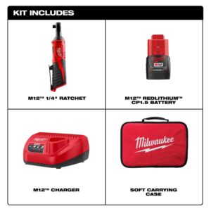 Milwaukee M12 12-Volt Lithium-Ion Cordless 1/4 in. Ratchet Kit w/ (1) 1.5Ah Battery, Charger and Tool Bag