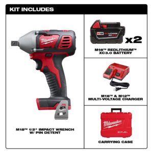 Milwaukee M18 18-Volt Lithium-Ion Cordless 1/2 in. Impact Wrench W/ Pin Detent Kit W/(2) 3.0Ah Batteries, Charger & Hard Case