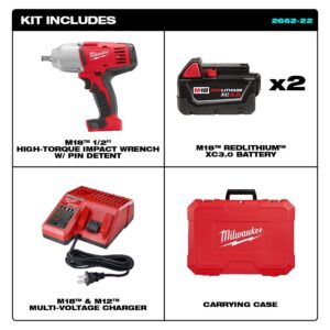 Milwaukee M18 18-Volt Lithium-Ion Cordless 1/2 in. Impact Wrench with Pin Detent Kit with (2) 3.0Ah Batteries, Charger & Hard Case